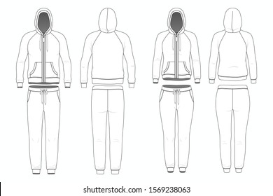 Front view of man and woman clothing set. Blank templates of hoodi and sweatpants. Sport style. Vector illustration for your fashion design.