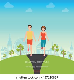 Front view of Man and Woman Jogging Together on city view background, healthy lifestyle conceptual vector illustration.