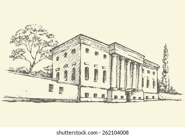 Front view of massive edifice with colonnade and wall around yard with high trees. Vector freehand ink drawn background sketchy in art scribble antiquity style pen on paper with space for text on sky
