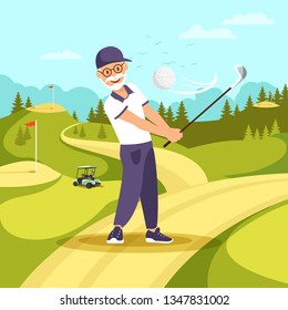 Front View of Mature Bearded Man in Uniform and Cap Playing Golf with Club and Ball at Green Lawn. Retired Aged Male Person Healthy Active Lifestyle. Weekend Passtime, Cartoon Flat Vector Illustration