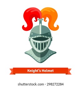 Front view of medieval knights helmet with ostrich plume feathers. Flat vector illustration isolated on white background.