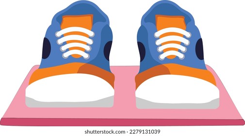 Front view of men fashion shoes, classic shoe design. Vector of a pair of blue and orange modern footwear. Stylish male shoes, boat shoes, sports shoes
