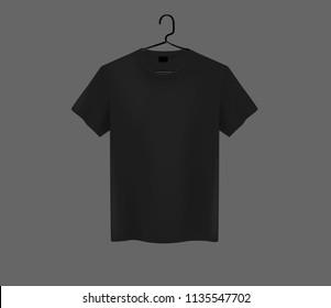 Front view of men's black t-shirt Mock-up on metal hanger and dark background. Short sleeve T-shirt template on background.