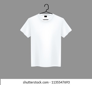 Front view of men's white t-shirt Mock-up on metal hanger and dark background. Short sleeve T-shirt template on background.