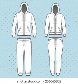 Front view of men's and women's clothing set. Blank templates of hoodi  with zipper and sweatpants. Sport style. Vector illustration on the spotted background for your fashion design. 