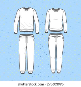 Front view of men's and women's clothing set. Blank templates of sweatshirt and sweatpants. Sport style. Vector illustration for your fashion design. 