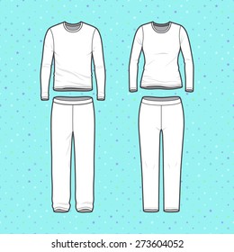 Front view of men's and women's clothing set. Blank templates of tee and pants. Vector illustration for your fashion design. 