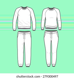 Front view of men's and women's clothing set. Blank templates of sweatshirt with raglan sleeve and sweatpants. Sport style. Vector illustration for your fashion design. 