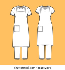 Front view of men's and women's clothing set. Blank templates of t-shirt, pants and apron.  Casual style. Vector illustration on the yellow background for your fashion design. 