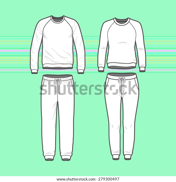 Front view of\
men\'s and women\'s clothing set. Blank templates of sweatshirt with\
raglan sleeve and sweatpants. Sport style. Vector illustration for\
your fashion design. 