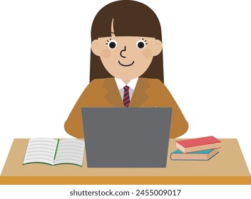 Front view of a middle school and high school girl in a blazer having an online conversation