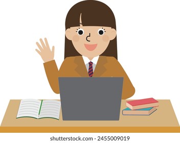 Front view of a middle school and high school girl in a blazer having an online conversation