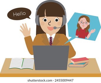 Front view of a middle school and high school girl in a blazer wearing headphones and having an online conversation