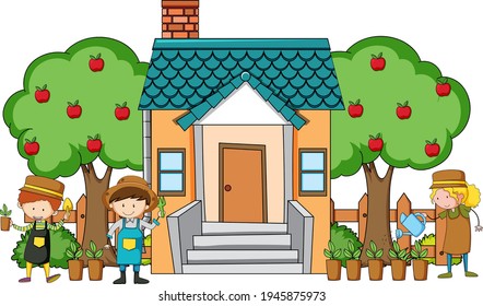 Front view of mini house with many kids on white background illustration