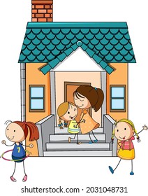 Front view of mini house with many kids on white background illustration
