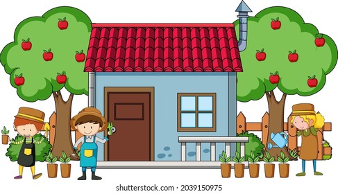 Vorderansicht des Mini-Hauses mit vielen Kindern auf weißem Hintergrund, Vektorgrafik