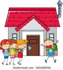 Front view of mini house with many kids on white background illustration
