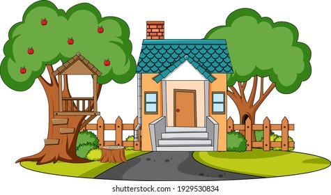 Front view of mini house with nature elements on white background illustration