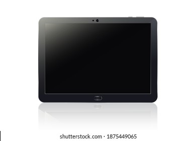 Front View Of A Modern Black Tablet Isolated On White Background. Realistic Editable Vector Illustration. Concept: New Tech, MockUp And Graphic Resources For Advertising