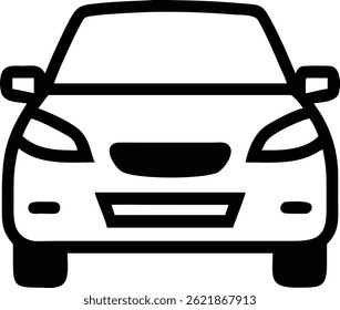 Vista frontal de um carro moderno é retratado em um ícone de linha de arte simples. O design minimalista destaca os faróis, para-choques e a forma geral do carro.