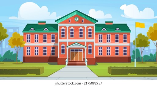 Front View Of A Modern Educational Building, School, University, Library Or College With A Yard In The Fall. Empty Street Near While Students Are Studying In Classes.Cartoon Style Vector Illustration.