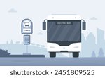 Front view of modern electric bus arriving at the bus stop. Vector illustration for city transportation, commuters, and urban life concept. Eco-friendly vehicle concept