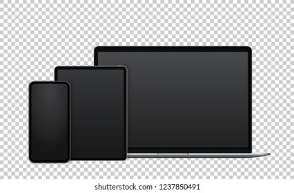 Front view of modern electronic devices: laptop, mobile phone and tablet, with empty screens on transparent background. Vector illustration.