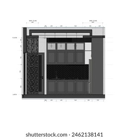 Front view of a modern kitchen set design with dimensions in the sketch