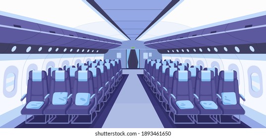 Front view of modern plane interior with aisle, reclining seats and portholes. Inside empty aircraft cabin of economy class. Airplane interior design. Colored flat vector illustration