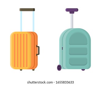 Front view of modern plastic yellow and orange suitcase with wheels on white background. colorful vector illustration in flat style with green mint briefcase. Concept of summer traveling by plane