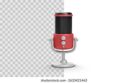 Front View of Modern Podcast Microphone in Red and Black on Stand for Studio or Streaming Use. Vector Illustration.