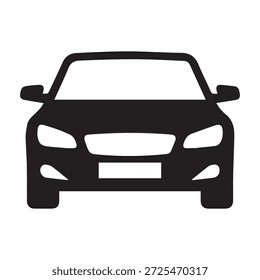 Vista frontal de un icono de coche sedán moderno, ilustración de vehículo de silueta negra aislada sobre fondo blanco.
