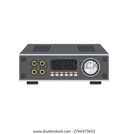 Front view of a modern stereo audio amplifier with digital display and volume knob vector illustration isolated on white background