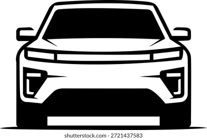 Vista frontal de una ilustración de coche estilizado moderno en blanco y negro	