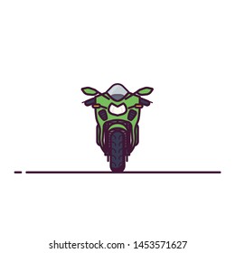 Front view of modern super sport motobike. Line style vector illustration. Moto bike flat style banner. Road fast motorbike front view. Set of vehicles. Pixel perfect banner.