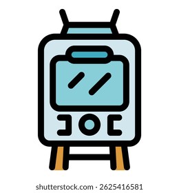 Front view of a modern tram running on railway, public transport icon, vector illustration