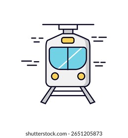 Front view of a modern white train on tracks with speed lines. Ideal for fast transport or public transit concepts.