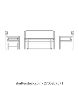 Front view of a modern wooden frame sofa set with a 2-seater sofa, two single-seater sofas, a rectangular coffee table, and a round side table. Simple, timeless, and elegant proportions.