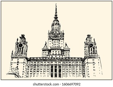 Front view of Moscow University. Black and white hand drawing with pen and ink. Engraving, etching, sketch style.