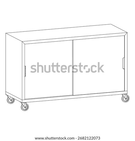 Front view of movable rack cabinet with two doors and caster wheels. Simple portable storage furniture for office, studio, or home interior