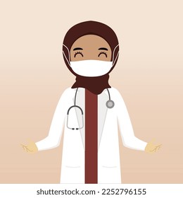 Front view muslim hijab doctor character. Doctor character creation with views, face emotion, pose, gesture and mask. Cartoon style, flat vector illustration. Female doctor with mask