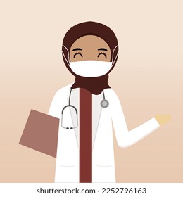 Front view muslim hijab doctor character. Doctor character creation with views, face emotion, pose, gesture and mask. Cartoon style, flat vector illustration. Female doctor with mask