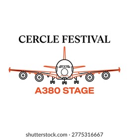 Front, view, of, a, large, commercial, airplane, illustration, for, Cercle, Festival, A380, Stage, with, minimalist, black, and, orange, vector, lines.
