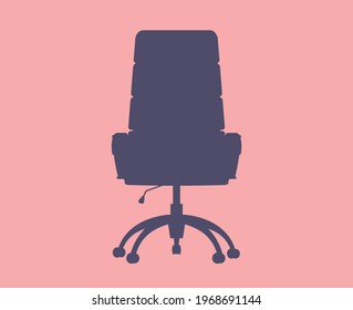 Front view office chair. Comfortable purple leather swivel chair with high back and handrails. Working interior furniture. Cartoon vector flat illustration isolated on pink background