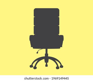 Front view office chair. Comfortable black leather swivel chair with high back and handrails. Working interior furniture. Cartoon vector flat illustration isolated on yellow background