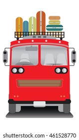 front view of old bus and bag on roof