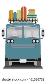 front view of old bus and bag on roof