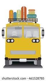 front view of old bus and bag on roof