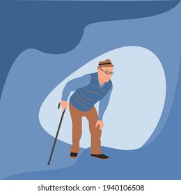 Front view of a old man, Elderly man wearing blue shirt and brown trousers. Front side of grandpa ,grandfather  walking alone and holding walking stick on blue  background. Vector isolate flat design