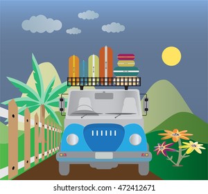 Front view of Old Pick up Truck with mountain background Vector Illustration